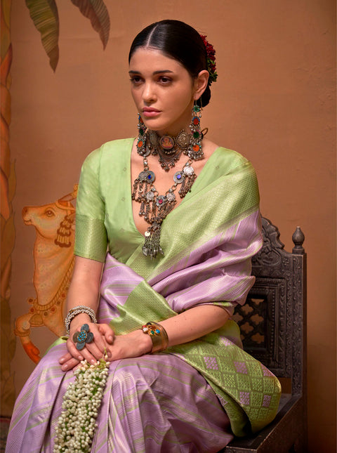 Purple And Green Woven Soft Silk Kalamkari Saree