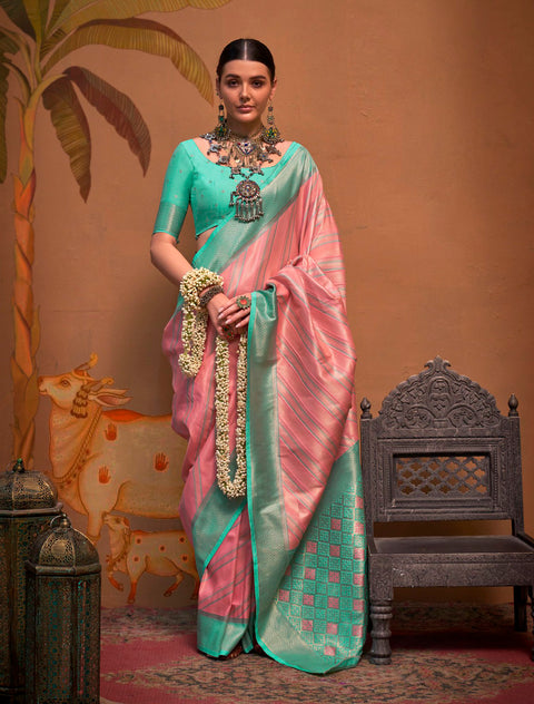 Peach Woven Soft Silk Kalamkari Saree