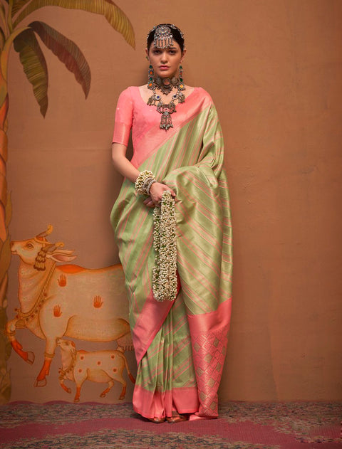 Green And Peach Woven Soft Silk Kalamkari Saree