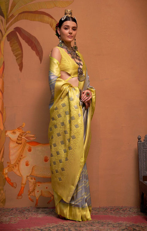 Yellow And Grey Woven Soft Silk Kalamkari Saree