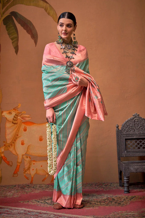 Sea Green & Peach Woven Soft Silk Kalamkari Saree