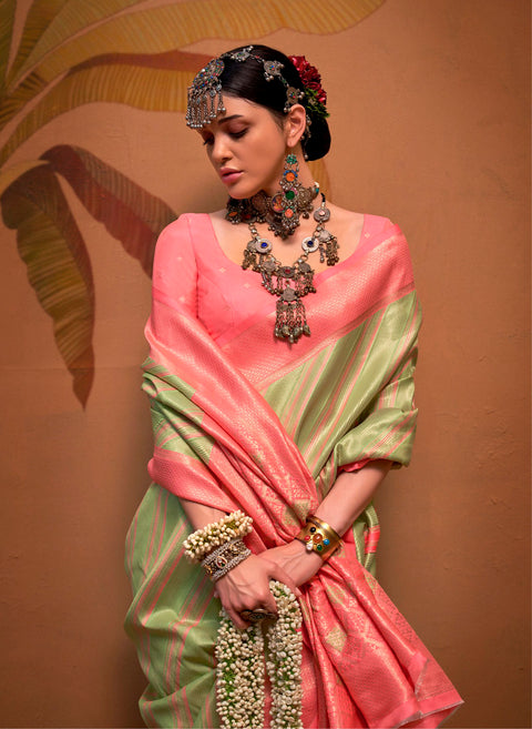 Green And Peach Woven Soft Silk Kalamkari Saree