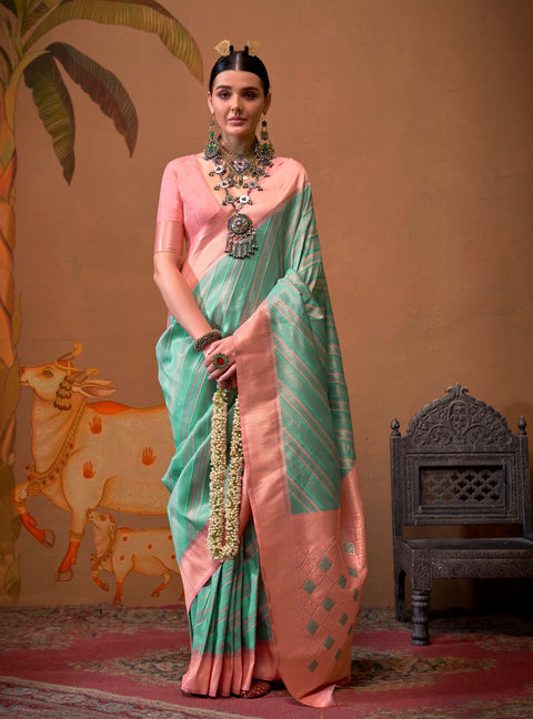 Sea Green & Peach Woven Soft Silk Kalamkari Saree