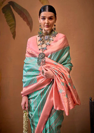 Sea Green & Peach Woven Soft Silk Kalamkari Saree