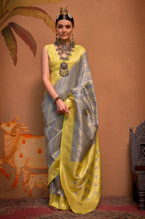 Yellow And Grey Woven Soft Silk Kalamkari Saree