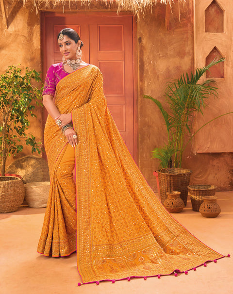 Mustard Hand Embroidery Kutch Culture Mirror Work Silk Saree