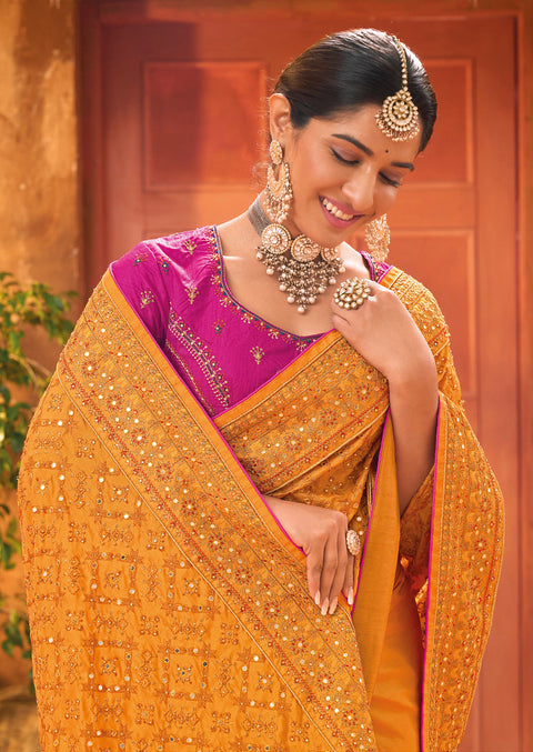 Mustard Hand Embroidery Kutch Culture Mirror Work Silk Saree