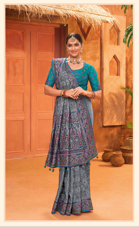 Grey Hand Embroidery Kutch Culture Mirror Work Silk Saree