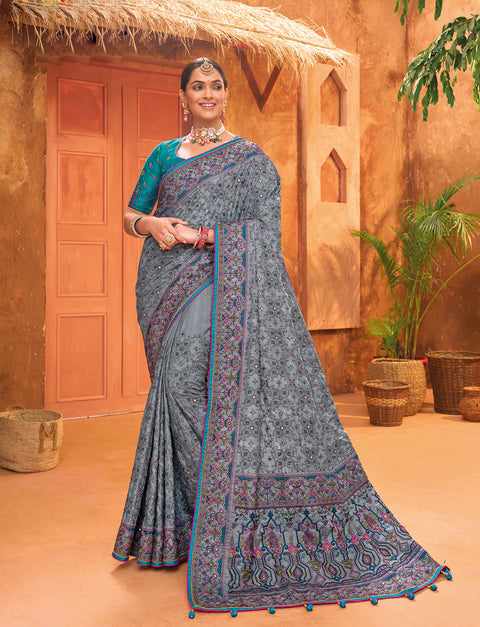 Grey Hand Embroidery Kutch Culture Mirror Work Silk Saree