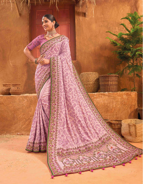 Pink Hand Embroidery Kutch Culture Mirror Work Silk Saree