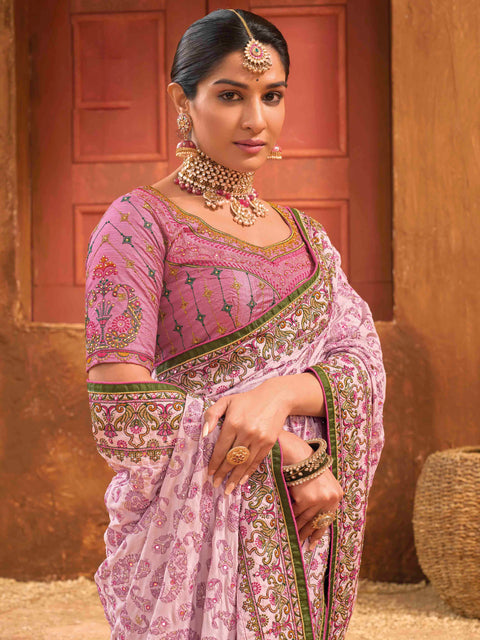 Pink Hand Embroidery Kutch Culture Mirror Work Silk Saree
