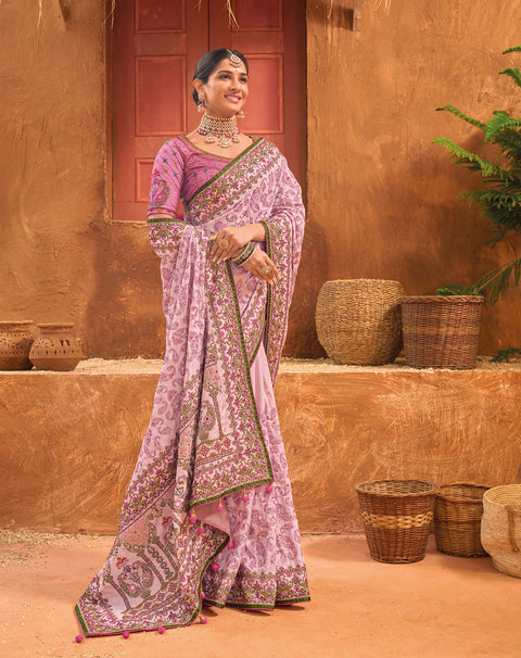 Pink Hand Embroidery Kutch Culture Mirror Work Silk Saree