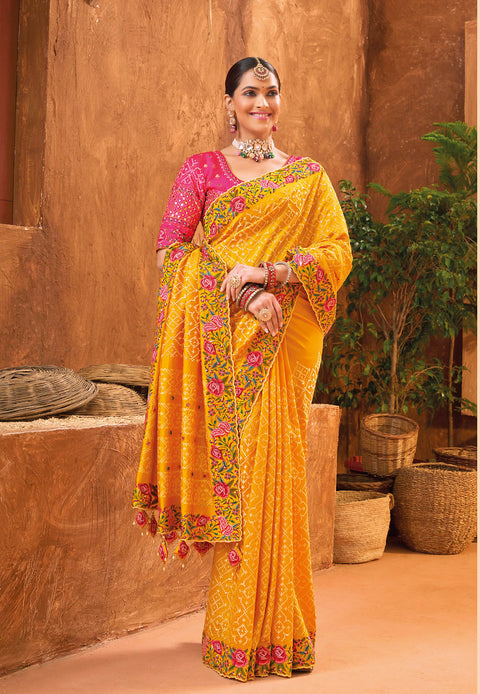Yellow Hand Embroidery Kutch Culture Mirror Work Silk Saree
