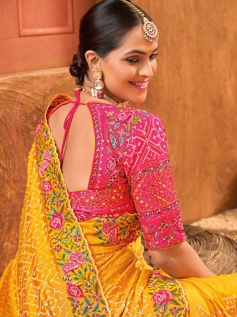 Yellow Hand Embroidery Kutch Culture Mirror Work Silk Saree