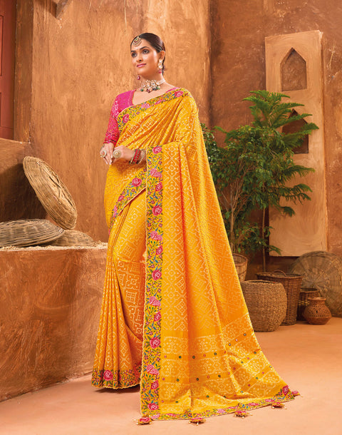 Yellow Hand Embroidery Kutch Culture Mirror Work Silk Saree