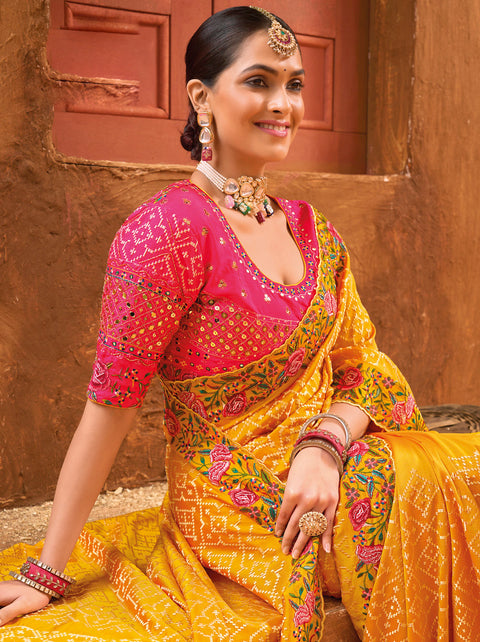 Yellow Hand Embroidery Kutch Culture Mirror Work Silk Saree