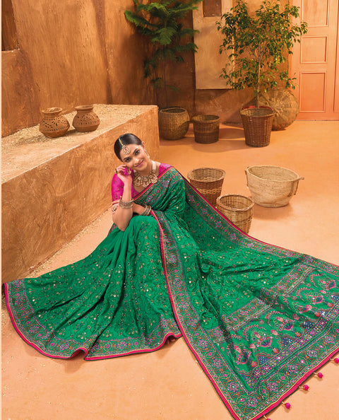 Green Hand Embroidery Kutch Culture Mirror Work Silk Saree