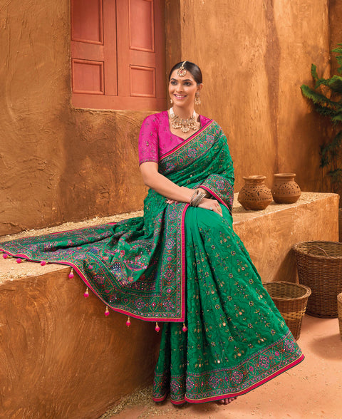 Green Hand Embroidery Kutch Culture Mirror Work Silk Saree