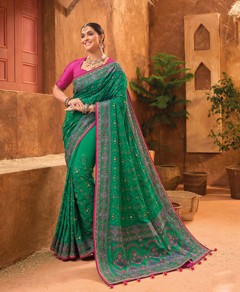Green Hand Embroidery Kutch Culture Mirror Work Silk Saree