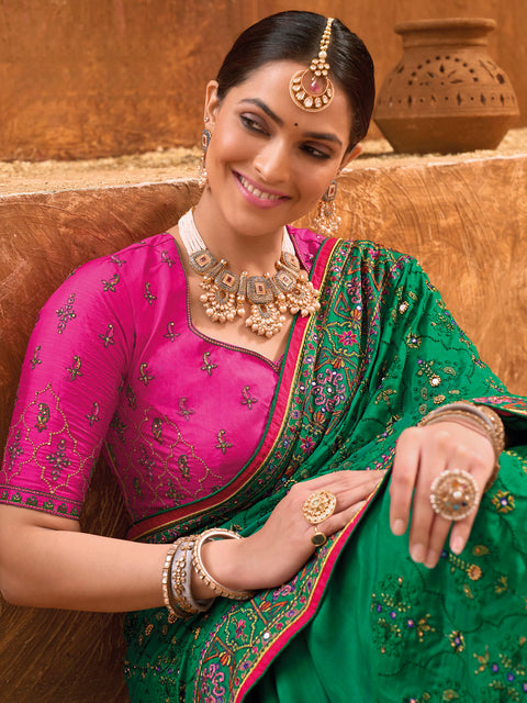 Green Hand Embroidery Kutch Culture Mirror Work Silk Saree