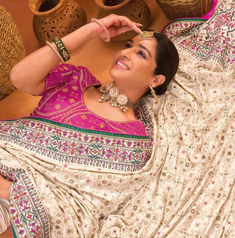 Cream Hand Embroidery Kutch Culture Mirror Work Silk Saree