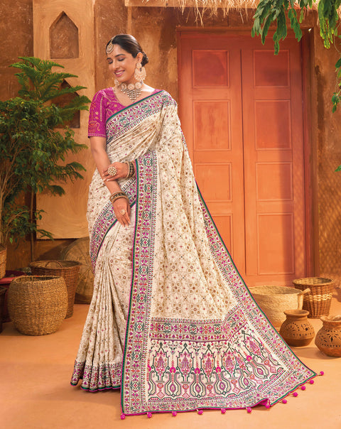Cream Hand Embroidery Kutch Culture Mirror Work Silk Saree