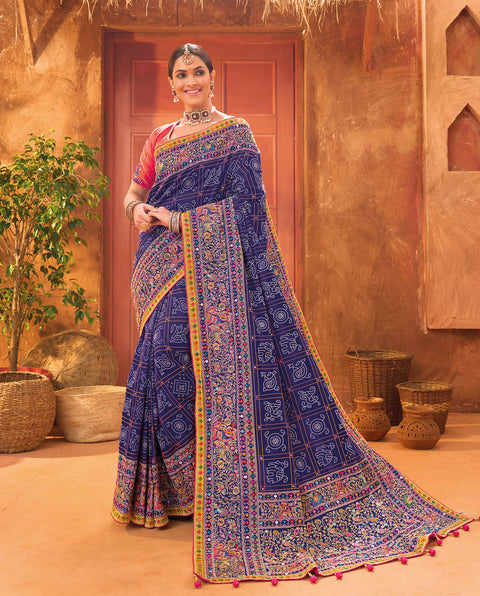 Cream Hand Embroidery Kutch Culture Mirror Work Silk Saree