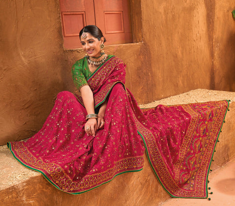 Magenta Hand Embroidery Kutch Culture Mirror Work Silk Saree