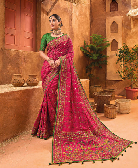 Magenta Hand Embroidery Kutch Culture Mirror Work Silk Saree