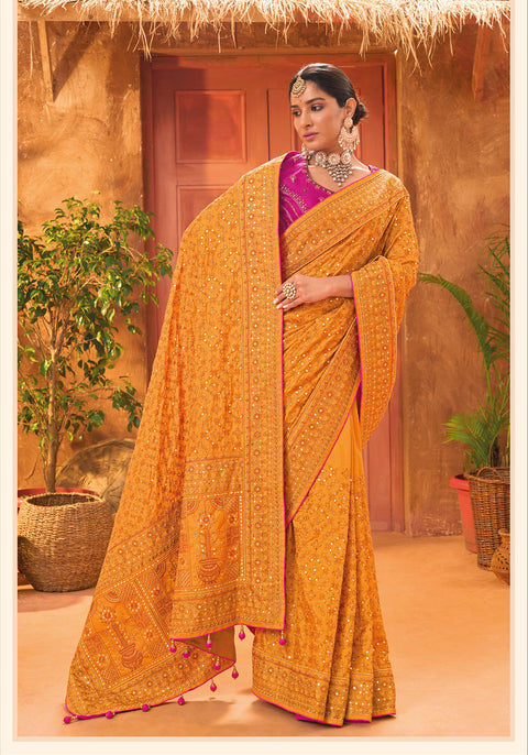 Mustard Hand Embroidery Kutch Culture Mirror Work Silk Saree