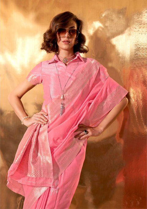 Pink Woven Linen Banarasi Silk Saree