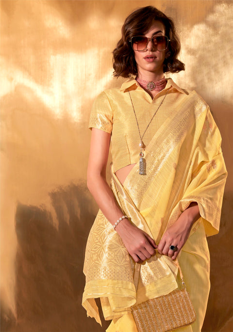Lime Yellow Woven Linen Banarasi Silk Saree