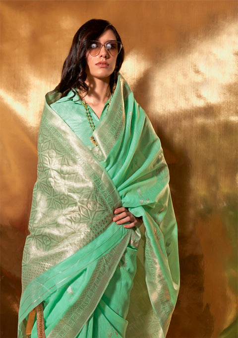 Mint Green Woven Linen Banarasi Silk Saree