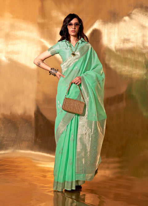 Mint Green Woven Linen Banarasi Silk Saree