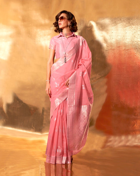 Pink Woven Linen Banarasi Silk Saree