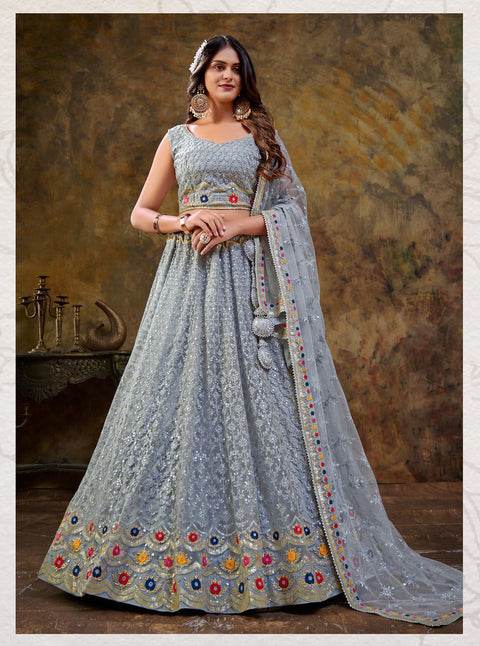 Elegant Carolina Blue Sequence Embroidery Net Party Lehenga Choli