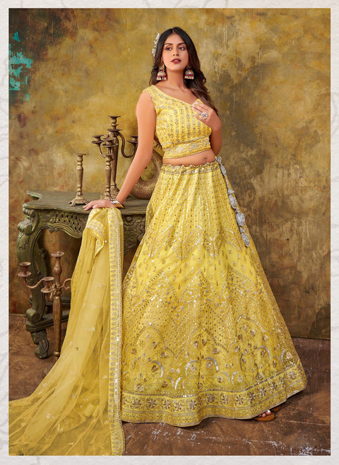 Elegant Lemon Yellow  Sequence Embroidery Net Party Lehenga Choli