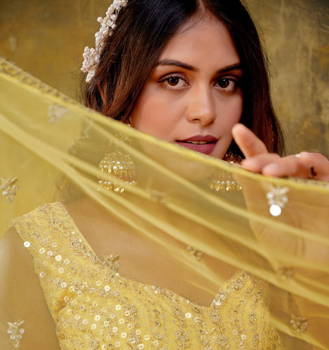 Elegant Lemon Yellow  Sequence Embroidery Net Party Lehenga Choli