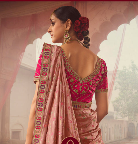 Pink Wedding Wear Woven-Embellished Banarasi Silk Lehenga Choli