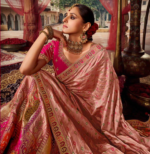Pink Wedding Wear Woven-Embellished Banarasi Silk Lehenga Choli