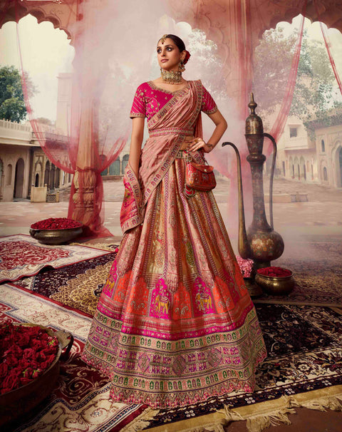 Pink Wedding Wear Woven-Embellished Banarasi Silk Lehenga Choli