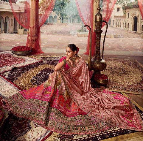 Pink Wedding Wear Woven-Embellished Banarasi Silk Lehenga Choli