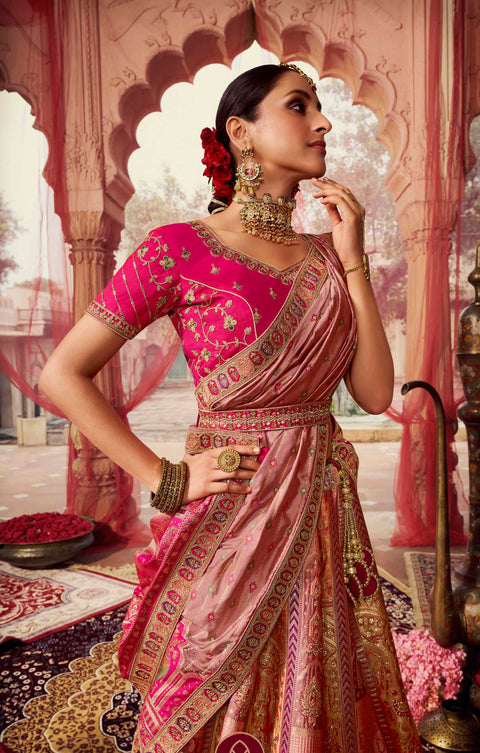 Pink Wedding Wear Woven-Embellished Banarasi Silk Lehenga Choli