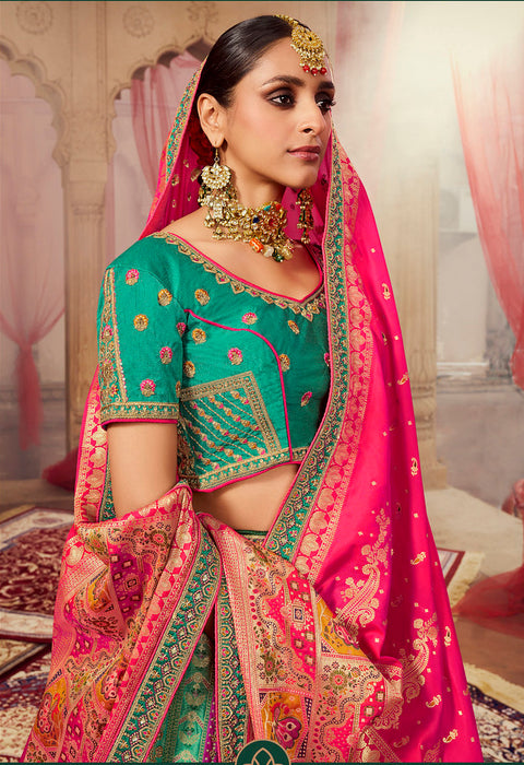 Green & Pink Wedding Wear Woven-Embellished Banarasi Silk Lehenga Choli