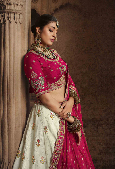 White & Pink Wedding Wear Viscose Hand Work  Lehenga Choli