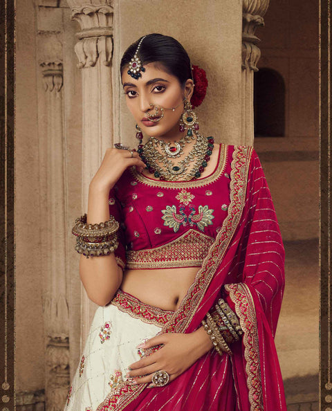 White & Pink Wedding Wear Viscose Hand Work  Lehenga Choli