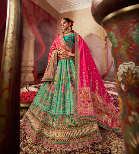 Green & Pink Wedding Wear Woven-Embellished Banarasi Silk Lehenga Choli