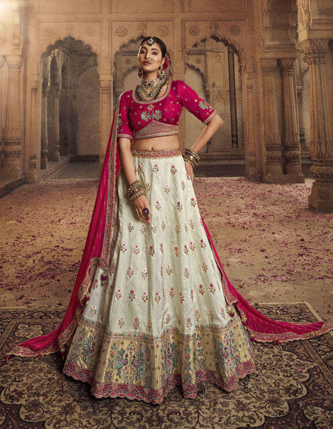 White & Pink Wedding Wear Viscose Hand Work  Lehenga Choli