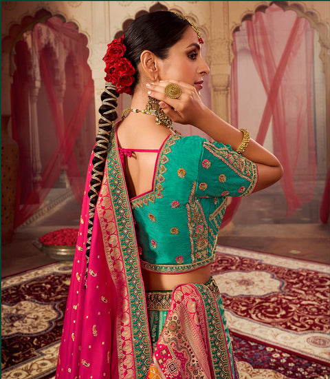 Green & Pink Wedding Wear Woven-Embellished Banarasi Silk Lehenga Choli