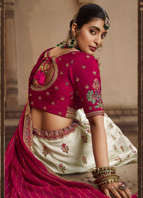 White & Pink Wedding Wear Viscose Hand Work  Lehenga Choli
